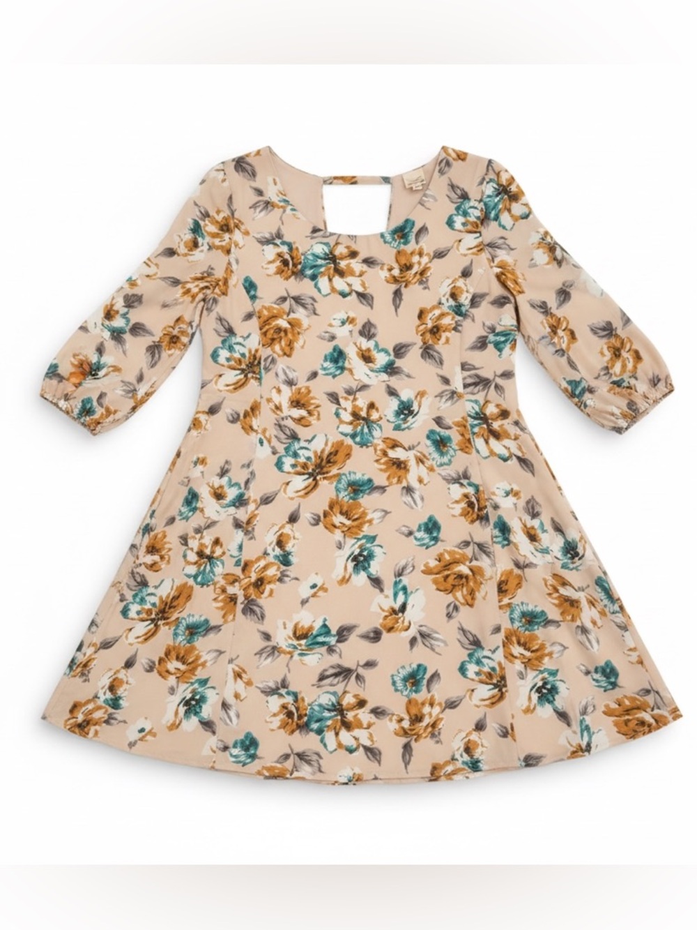 Floral Mini Dress Boho Mustard Sage Cream V Neck Flowy 3/4 Sleeve Small